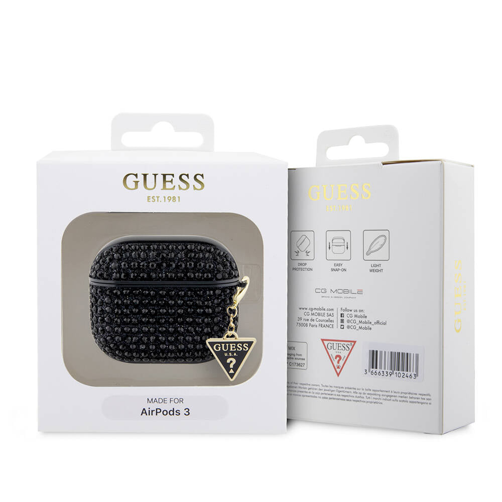 Airpods 3. Nesil Kılıf Guess Orijinal Lisanslı Parıltılı Taş Kaplamalı Üçgen Logo Süs Zincirli Kılıf