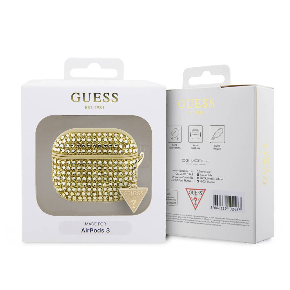 Airpods 3. Nesil Kılıf Guess Orijinal Lisanslı Parıltılı Taş Kaplamalı Üçgen Logo Süs Zincirli Kılıf
