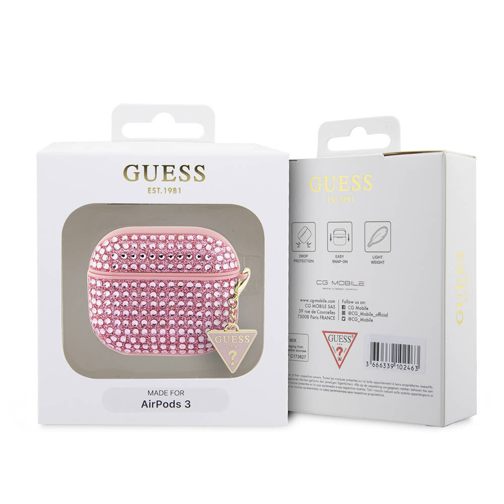 Airpods 3. Nesil Kılıf Guess Orijinal Lisanslı Parıltılı Taş Kaplamalı Üçgen Logo Süs Zincirli Kılıf