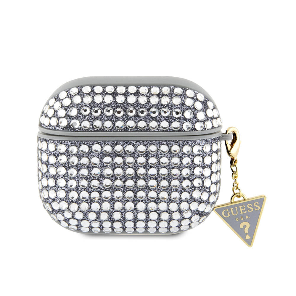 Airpods 3. Nesil Kılıf Guess Orijinal Lisanslı Parıltılı Taş Kaplamalı Üçgen Logo Süs Zincirli Kılıf