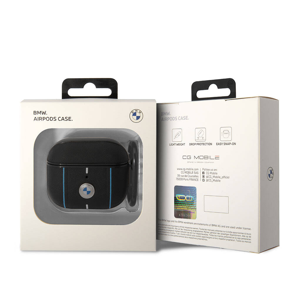 Airpods 3.Nesil Kılıf BMW Orijinal Lisanslı PU Deri Mavi Beyaz Çizgili Metal Logolu Kılıf