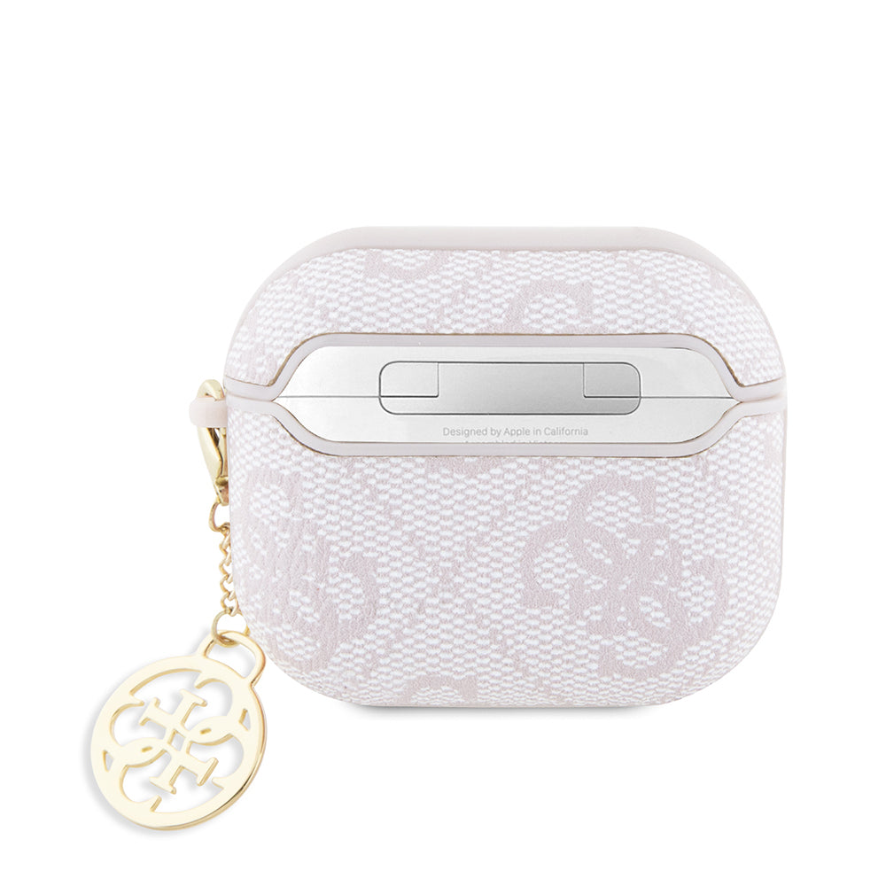 Airpods 3.Nesil Kılıf Guess Orijinal Lisanslı 4G Desenli Metal Script Logolu 4G Charm PU Deri Kılıf