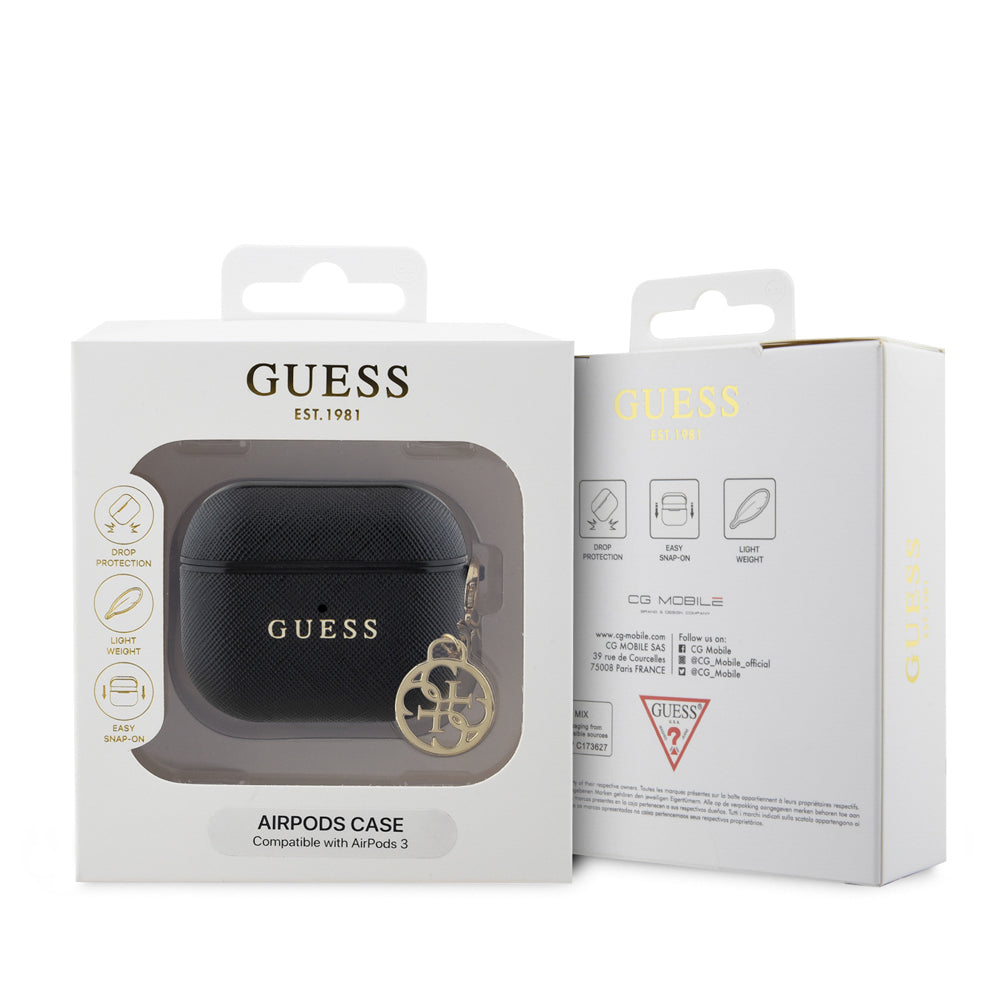 Airpods 3.Nesil Kılıf Guess Orijinal Lisanslı Dokulu 4G Yuvarlak Charm Saffiano Kılıf