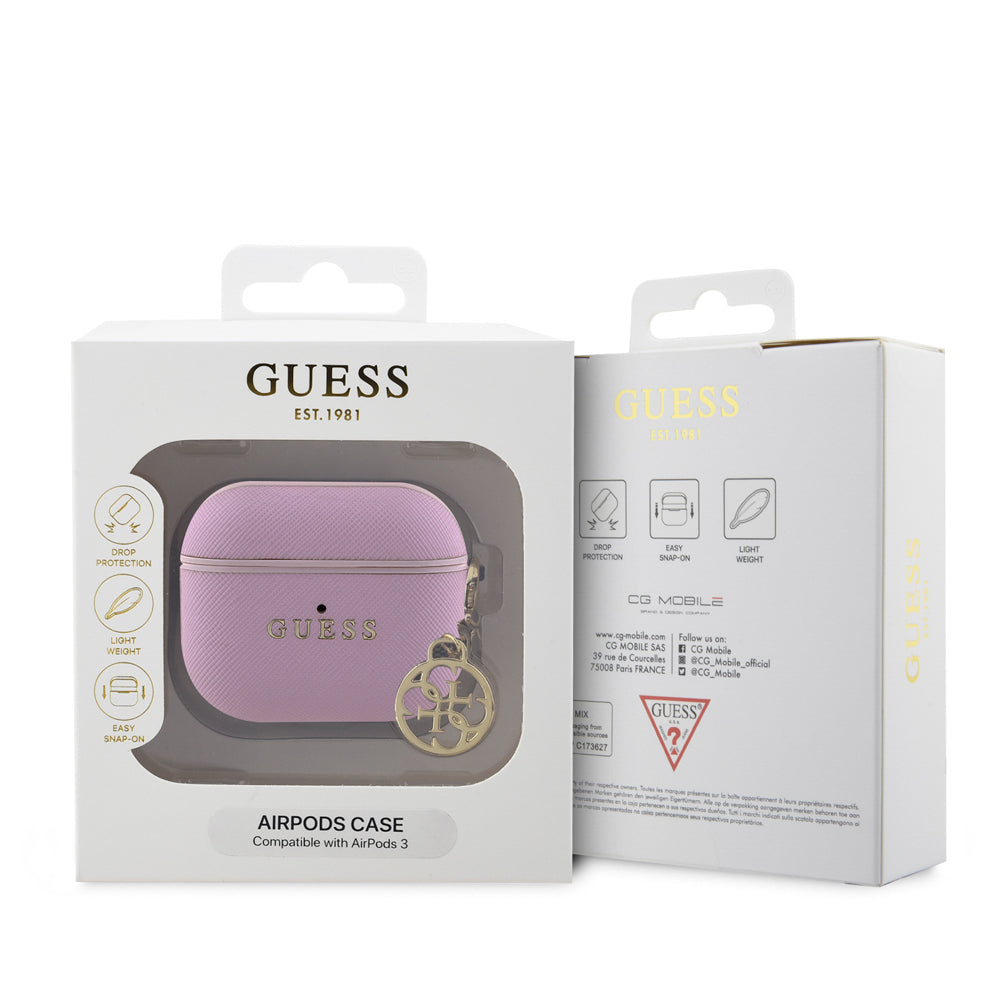 Airpods 3.Nesil Kılıf Guess Orijinal Lisanslı Dokulu 4G Yuvarlak Charm Saffiano Kılıf