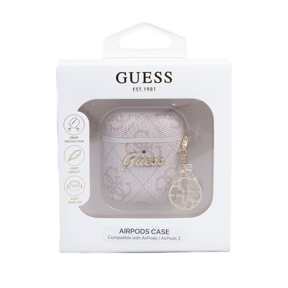 Airpods Kılıf Guess Orijinal Lisanslı 4G Desenli Metal Script Logolu 4G Charm Sağdan Askılı PU Deri Kılıf