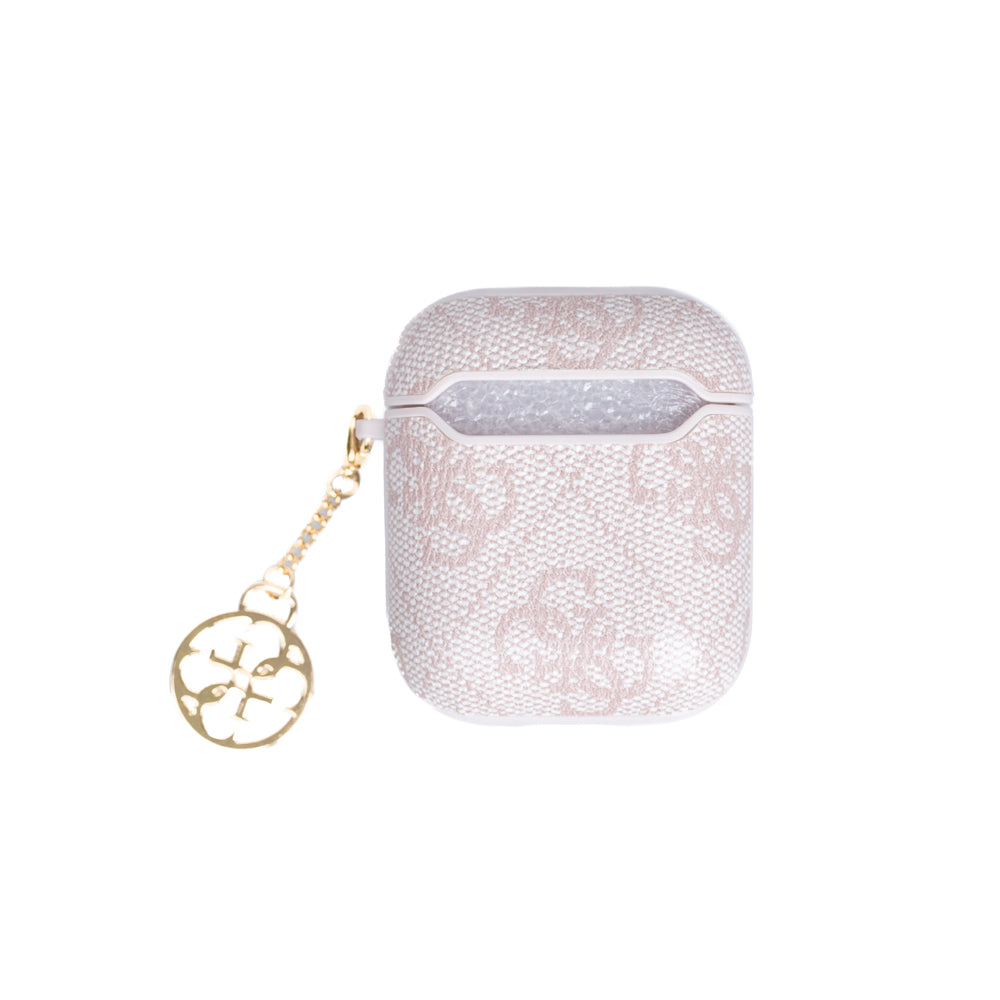 Airpods Kılıf Guess Orijinal Lisanslı 4G Desenli Metal Script Logolu 4G Charm Sağdan Askılı PU Deri Kılıf