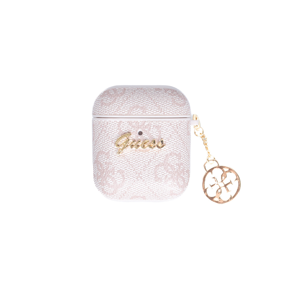 Airpods Kılıf Guess Orijinal Lisanslı 4G Desenli Metal Script Logolu 4G Charm Sağdan Askılı PU Deri Kılıf