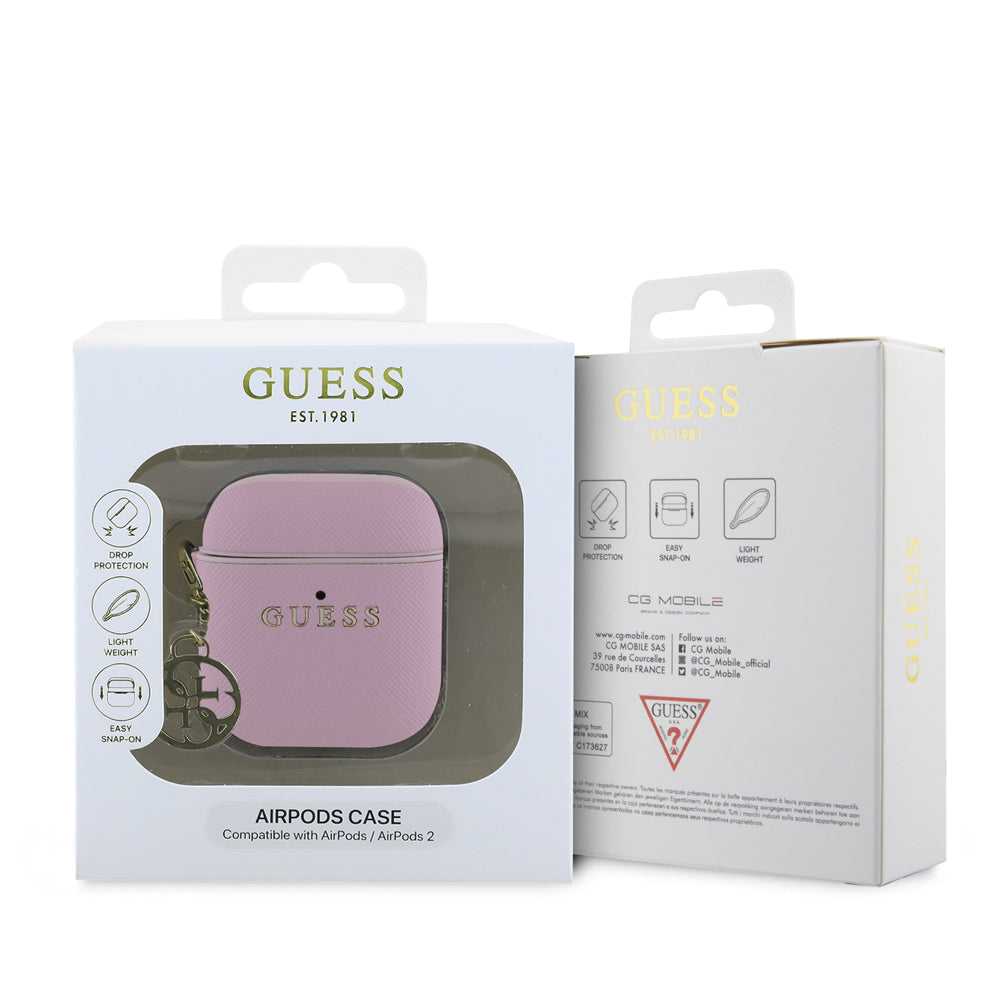 Airpods Kılıf Guess Orijinal Lisanslı Dokulu 4G Yuvarlak Süs Zincirli Saffiano Kılıf