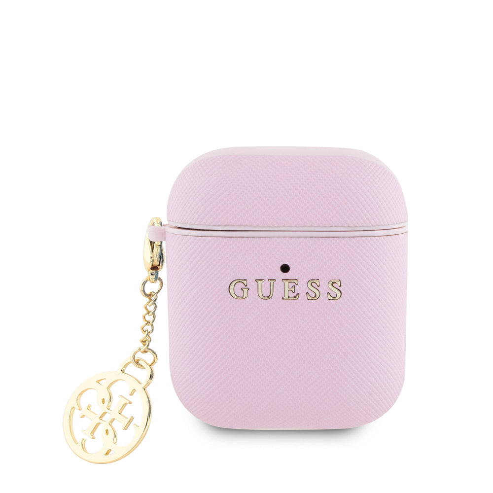 Airpods Kılıf Guess Orijinal Lisanslı Dokulu 4G Yuvarlak Süs Zincirli Saffiano Kılıf