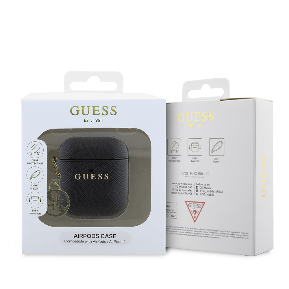 Airpods Kılıf Guess Orijinal Lisanslı Dokulu 4G Yuvarlak Süs Zincirli Saffiano Kılıf