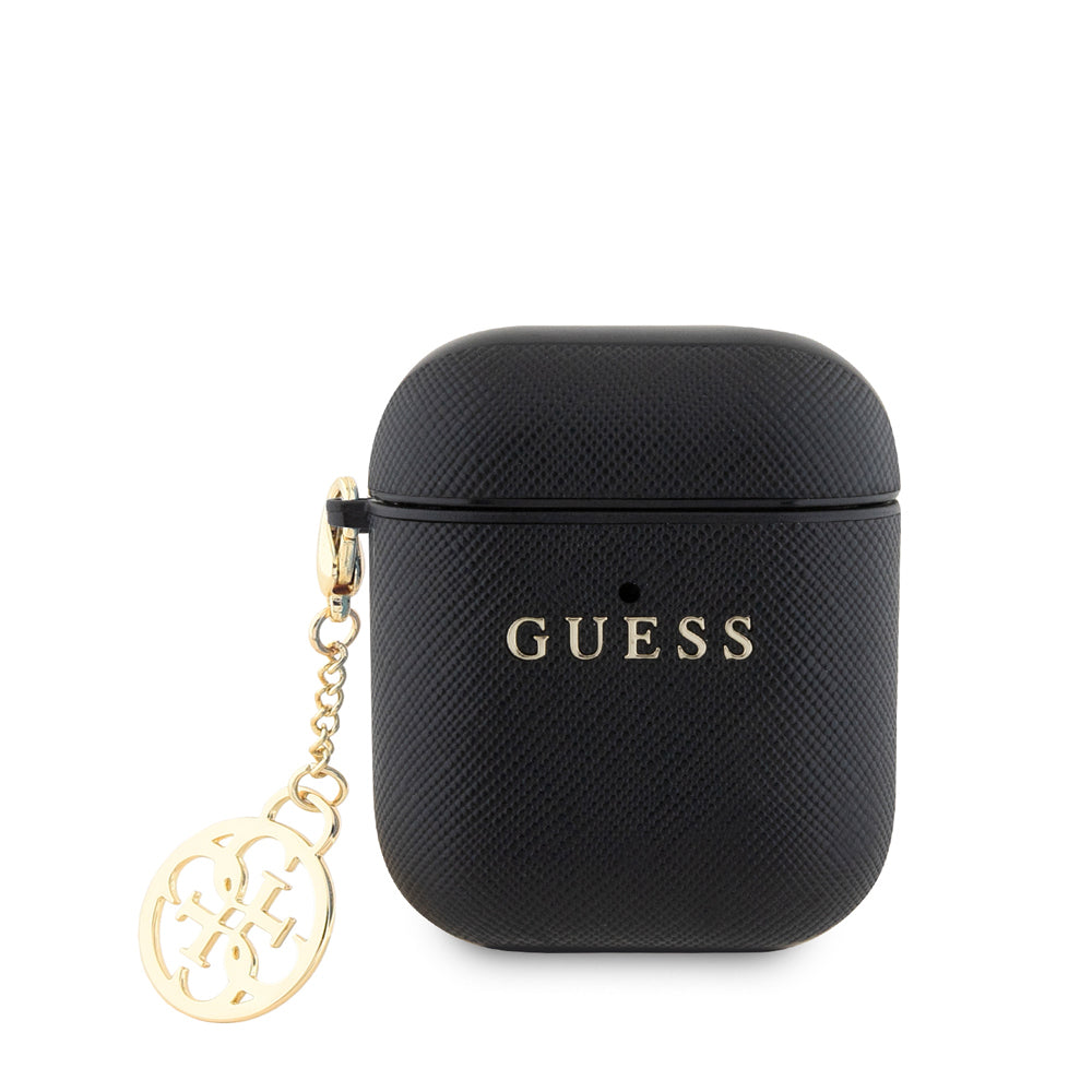 Airpods Kılıf Guess Orijinal Lisanslı Dokulu 4G Yuvarlak Süs Zincirli Saffiano Kılıf