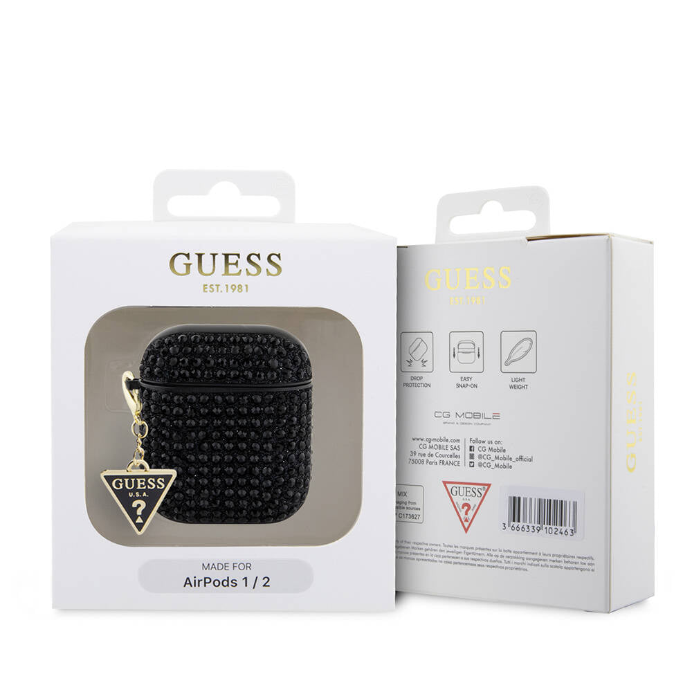 Airpods Kılıf Guess Orijinal Lisanslı Parıltılı Taş Kaplamalı Üçgen Logo Süs Zincirli Kılıf