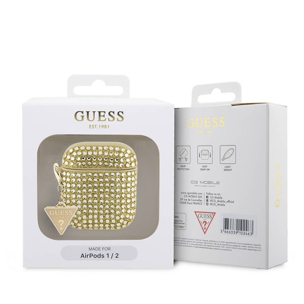 Airpods Kılıf Guess Orijinal Lisanslı Parıltılı Taş Kaplamalı Üçgen Logo Süs Zincirli Kılıf