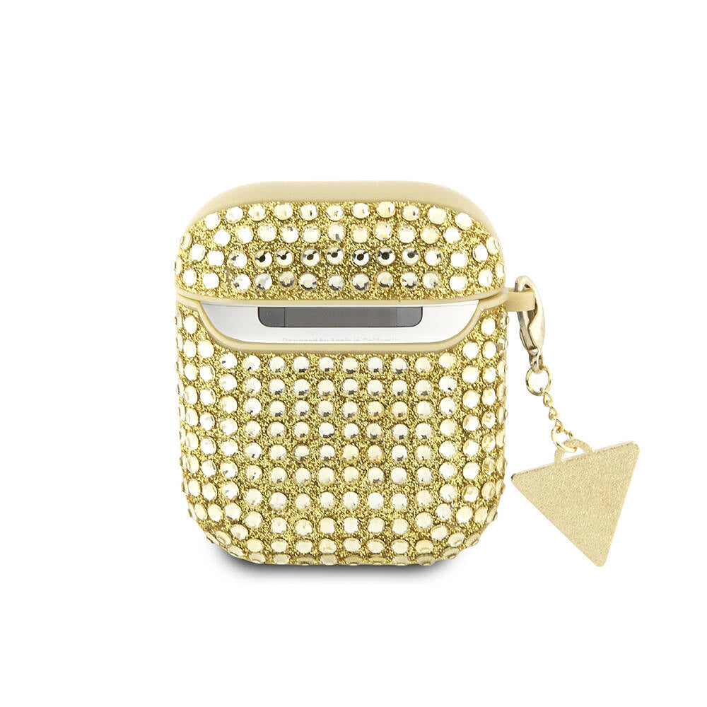 Airpods Kılıf Guess Orijinal Lisanslı Parıltılı Taş Kaplamalı Üçgen Logo Süs Zincirli Kılıf