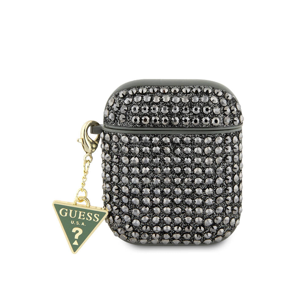 Airpods Kılıf Guess Orijinal Lisanslı Parıltılı Taş Kaplamalı Üçgen Logo Süs Zincirli Kılıf