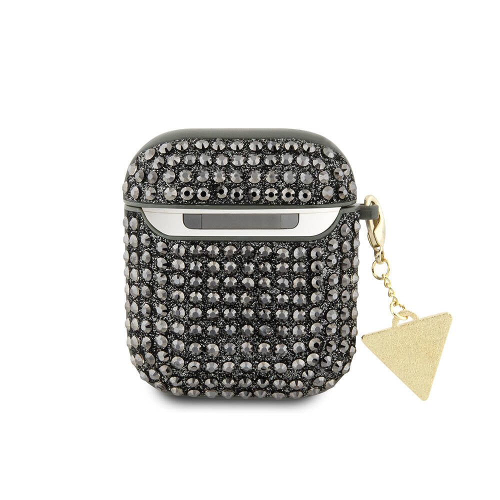 Airpods Kılıf Guess Orijinal Lisanslı Parıltılı Taş Kaplamalı Üçgen Logo Süs Zincirli Kılıf
