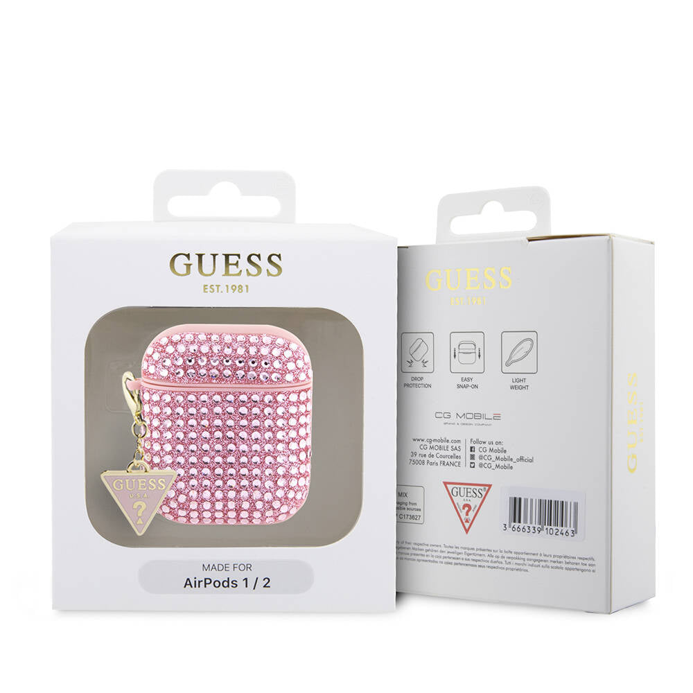 Airpods Kılıf Guess Orijinal Lisanslı Parıltılı Taş Kaplamalı Üçgen Logo Süs Zincirli Kılıf