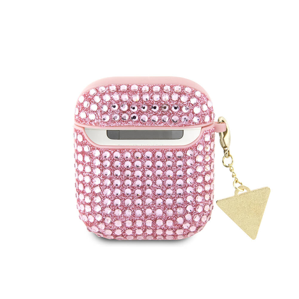 Airpods Kılıf Guess Orijinal Lisanslı Parıltılı Taş Kaplamalı Üçgen Logo Süs Zincirli Kılıf