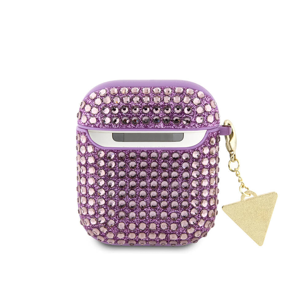 Airpods Kılıf Guess Orijinal Lisanslı Parıltılı Taş Kaplamalı Üçgen Logo Süs Zincirli Kılıf