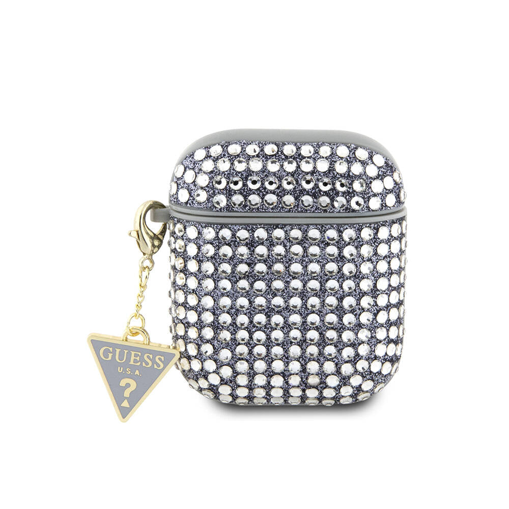 Airpods Kılıf Guess Orijinal Lisanslı Parıltılı Taş Kaplamalı Üçgen Logo Süs Zincirli Kılıf