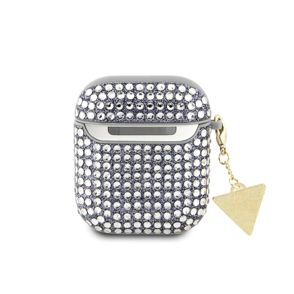 Airpods Kılıf Guess Orijinal Lisanslı Parıltılı Taş Kaplamalı Üçgen Logo Süs Zincirli Kılıf
