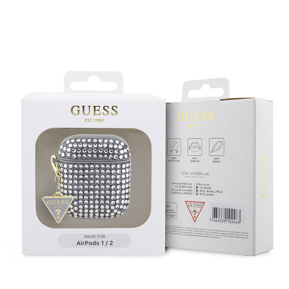Airpods Kılıf Guess Orijinal Lisanslı Parıltılı Taş Kaplamalı Üçgen Logo Süs Zincirli Kılıf