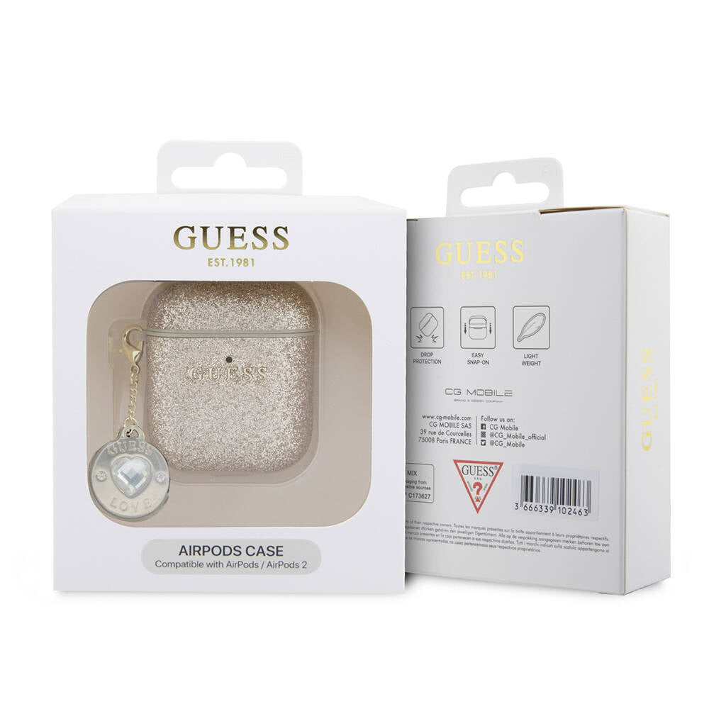 Airpods Kılıf Guess Orijinal Lisanslı Glitter Elmas Kalp Süs Zincirli Kılıf