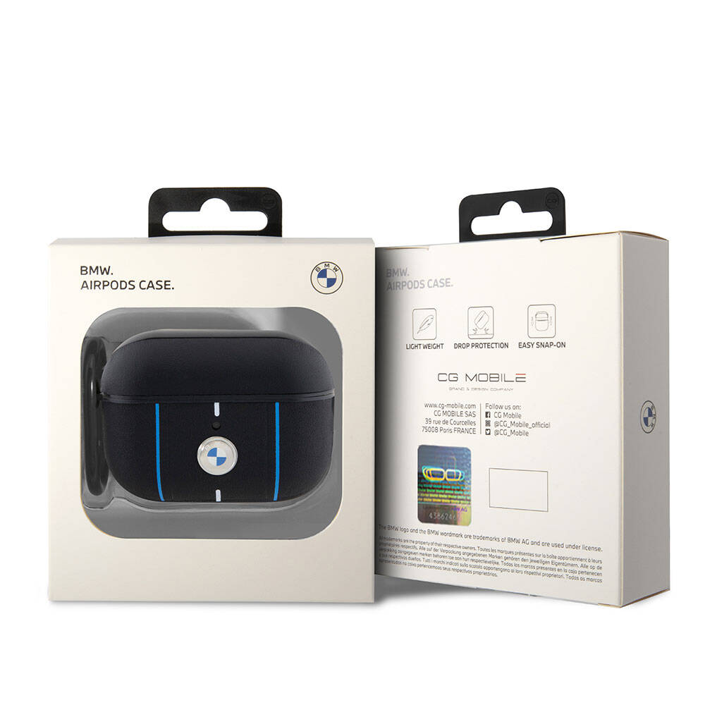Airpods Pro 2 Kılıf BMW Orijinal Lisanslı PU Deri Mavi Beyaz Çizgili Metal Logolu Kılıf