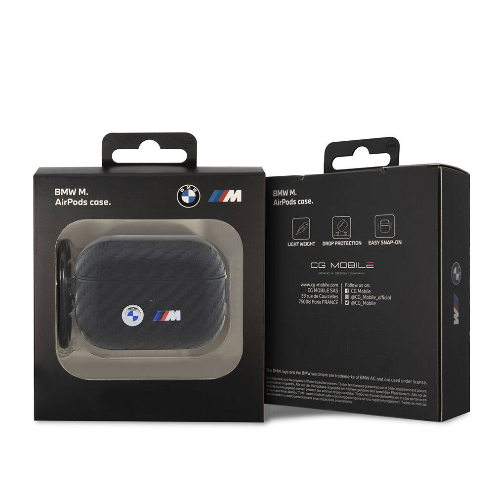 Airpods Pro 2 Kılıf BMW Orijinal Lisanslı PU Karbon Fiber Tasarımlı Çift Metal Logolu Kılıf