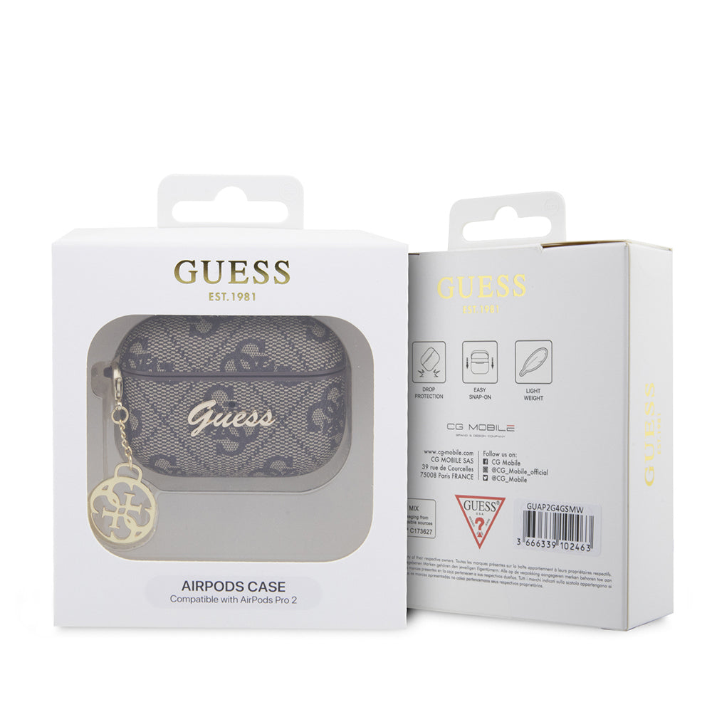 Airpods Pro 2 Kılıf Guess Orijinal Lisanslı 4G Desenli Metal Script Logolu 4G Charm PU Deri Kılıf