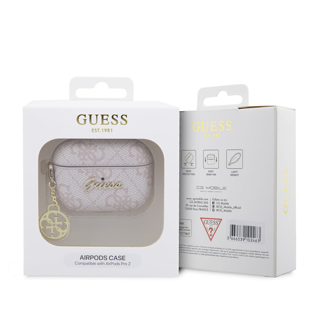 Airpods Pro 2 Kılıf Guess Orijinal Lisanslı 4G Desenli Metal Script Logolu 4G Charm PU Deri Kılıf