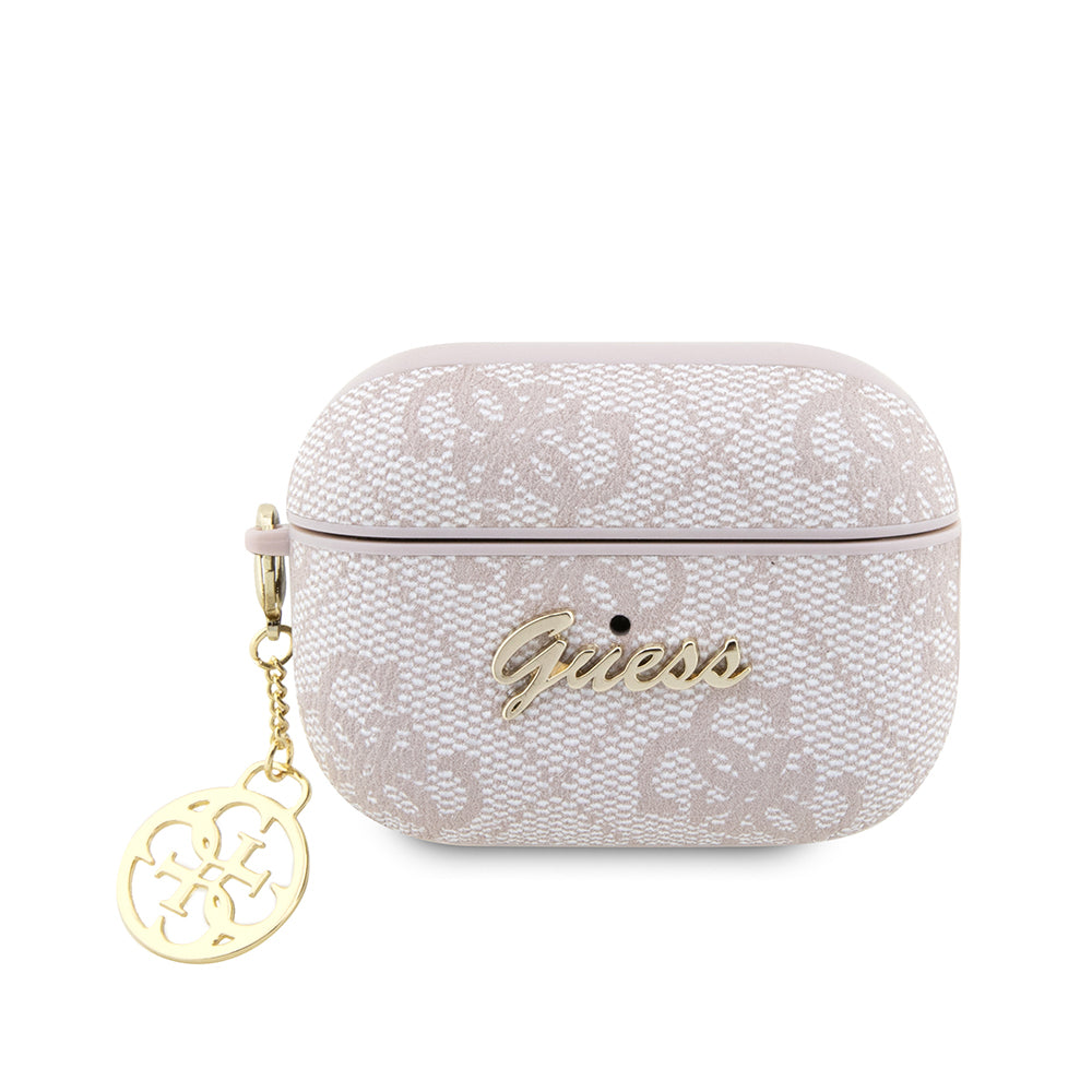 Airpods Pro 2 Kılıf Guess Orijinal Lisanslı 4G Desenli Metal Script Logolu 4G Charm PU Deri Kılıf