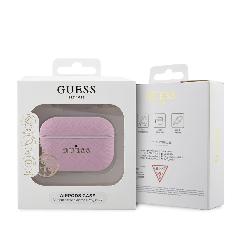 Airpods Pro 2 Kılıf Guess Orijinal Lisanslı Dokulu 4G Yuvarlak Süs Zincirli Saffiano Kılıf