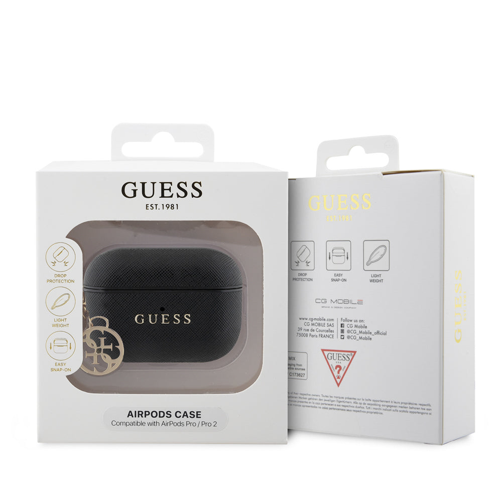 Airpods Pro 2 Kılıf Guess Orijinal Lisanslı Dokulu 4G Yuvarlak Süs Zincirli Saffiano Kılıf