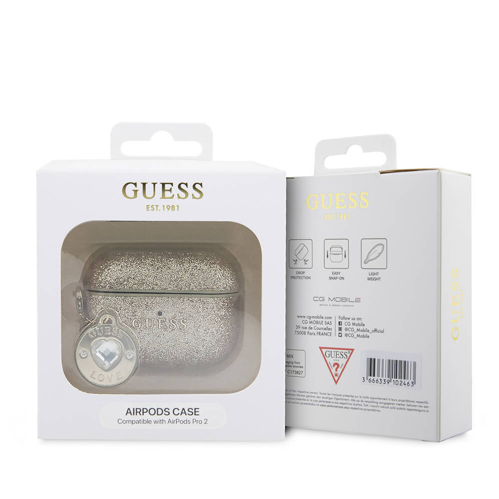 Airpods Pro 2 Kılıf Guess Orijinal Lisanslı Glitter Elmas Kalp Süs Zincirli Kılıf