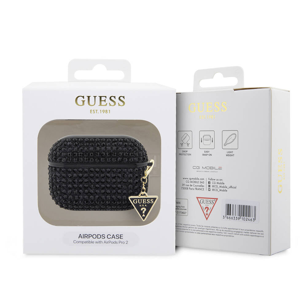 Airpods Pro 2 Kılıf Guess Orijinal Lisanslı Parıltılı Taş Kaplamalı Üçgen Logo Süs Zincirli Kılıf