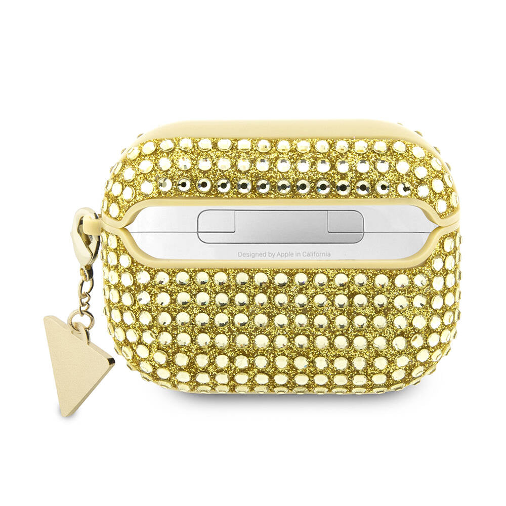 Airpods Pro 2 Kılıf Guess Orijinal Lisanslı Parıltılı Taş Kaplamalı Üçgen Logo Süs Zincirli Kılıf