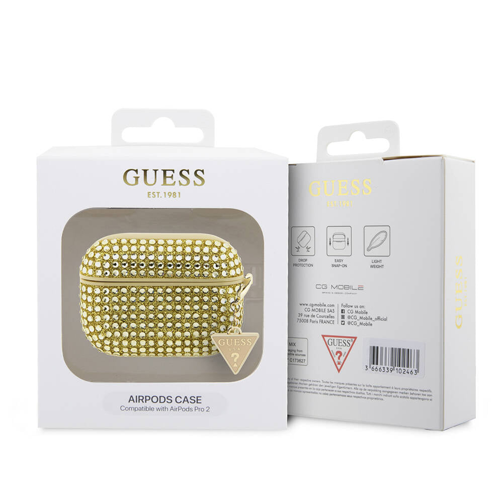Airpods Pro 2 Kılıf Guess Orijinal Lisanslı Parıltılı Taş Kaplamalı Üçgen Logo Süs Zincirli Kılıf