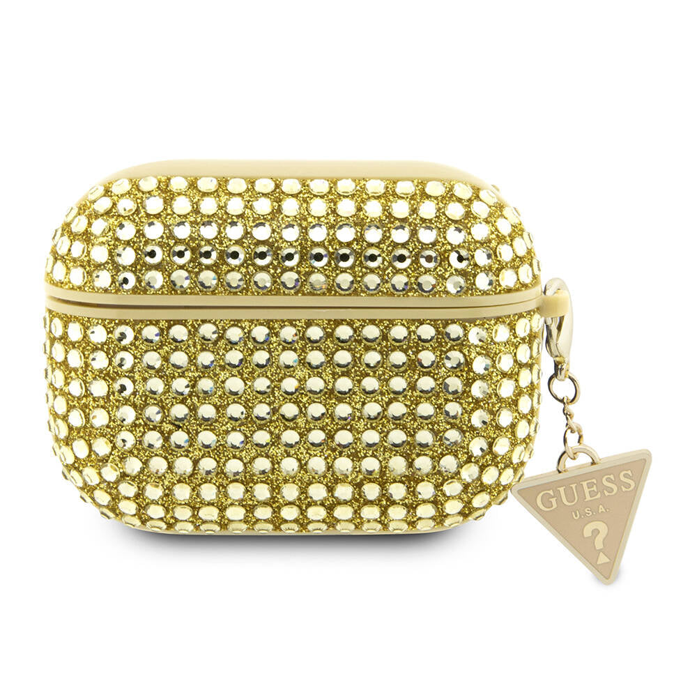 Airpods Pro 2 Kılıf Guess Orijinal Lisanslı Parıltılı Taş Kaplamalı Üçgen Logo Süs Zincirli Kılıf