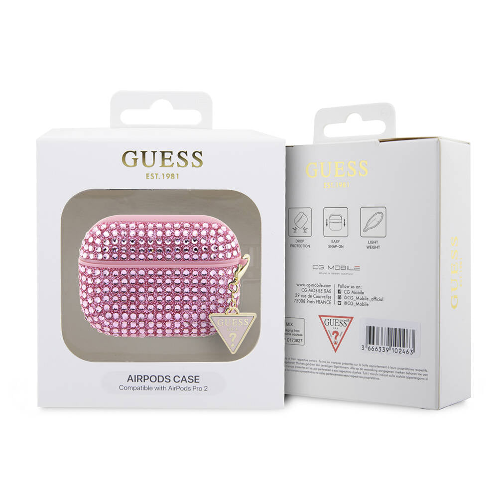 Airpods Pro 2 Kılıf Guess Orijinal Lisanslı Parıltılı Taş Kaplamalı Üçgen Logo Süs Zincirli Kılıf