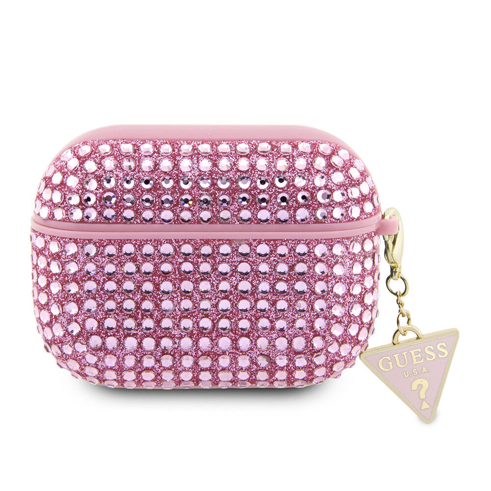 Airpods Pro 2 Kılıf Guess Orijinal Lisanslı Parıltılı Taş Kaplamalı Üçgen Logo Süs Zincirli Kılıf