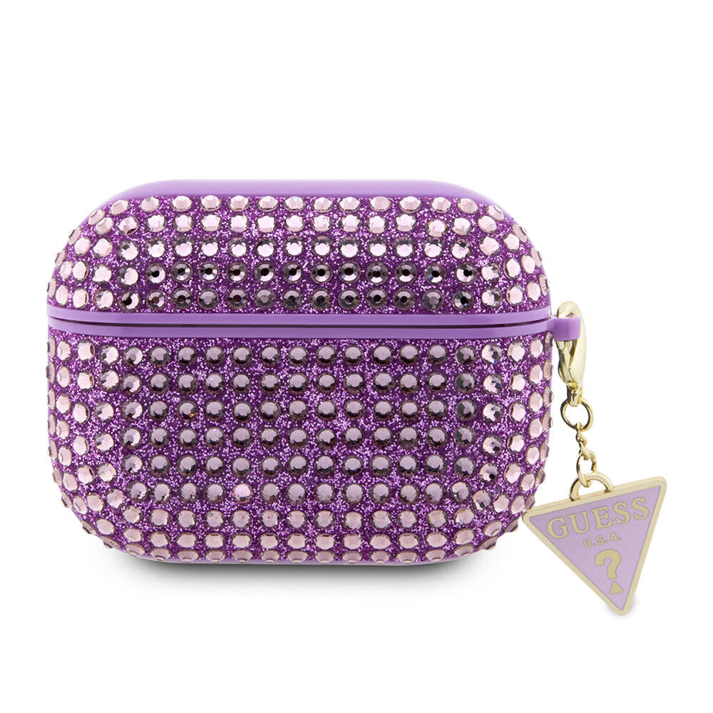 Airpods Pro 2 Kılıf Guess Orijinal Lisanslı Parıltılı Taş Kaplamalı Üçgen Logo Süs Zincirli Kılıf