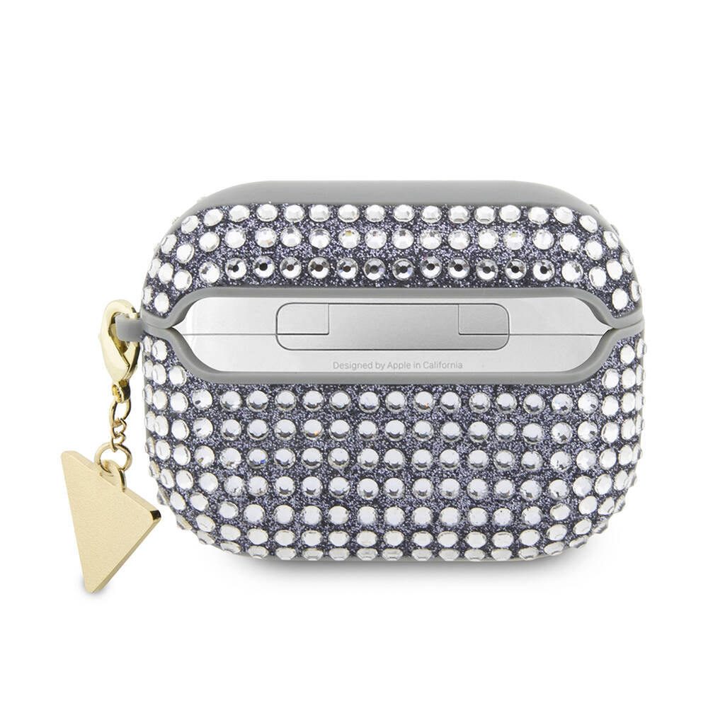 Airpods Pro 2 Kılıf Guess Orijinal Lisanslı Parıltılı Taş Kaplamalı Üçgen Logo Süs Zincirli Kılıf