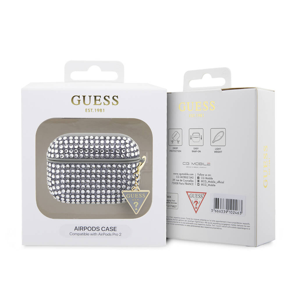 Airpods Pro 2 Kılıf Guess Orijinal Lisanslı Parıltılı Taş Kaplamalı Üçgen Logo Süs Zincirli Kılıf