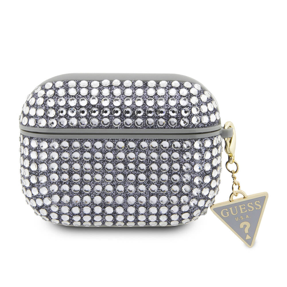 Airpods Pro 2 Kılıf Guess Orijinal Lisanslı Parıltılı Taş Kaplamalı Üçgen Logo Süs Zincirli Kılıf