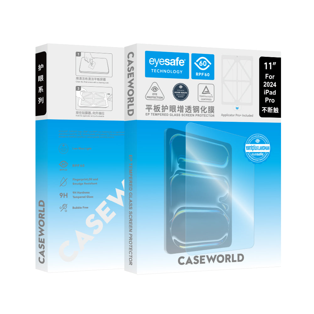 iPad Pro 11 2024 CaseWorld Eyesafe Mavi Işık Teknolojili Temperli Cam Ekran Koruyucu + Uygulama Aparatı
