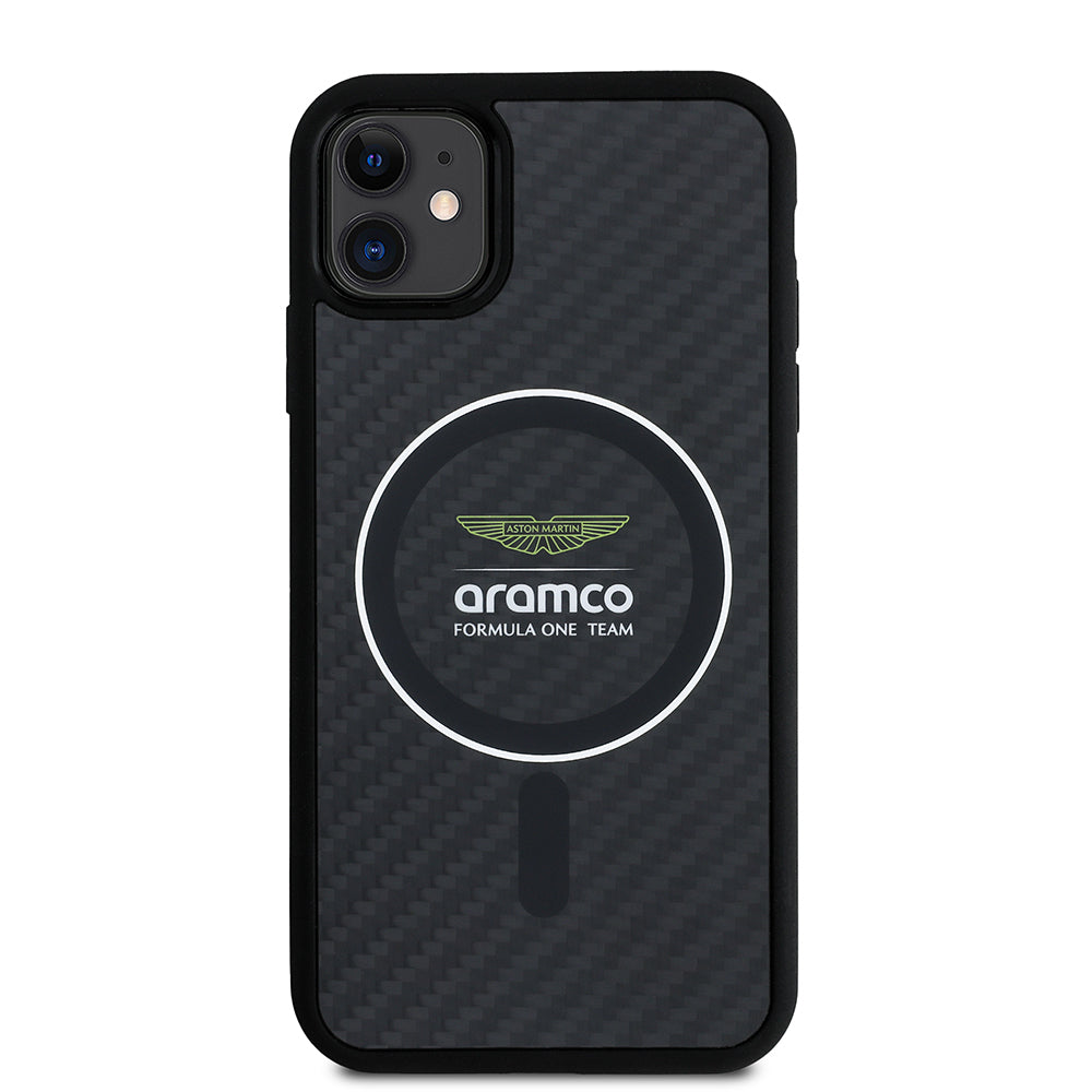 iPhone 11 Kılıf Aston Martin Orijinal Lisanslı M-safe Şarj Özellikli Renkli Halka ve Karbon Fiber Tasarımlı Kılıf