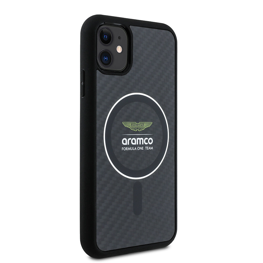 iPhone 11 Kılıf Aston Martin Orijinal Lisanslı M-safe Şarj Özellikli Renkli Halka ve Karbon Fiber Tasarımlı Kılıf