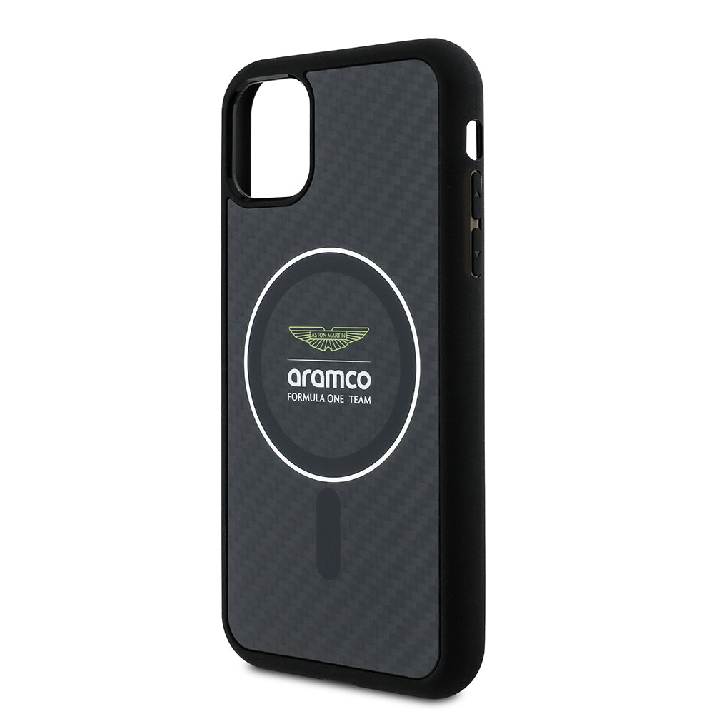 iPhone 11 Kılıf Aston Martin Orijinal Lisanslı M-safe Şarj Özellikli Renkli Halka ve Karbon Fiber Tasarımlı Kılıf