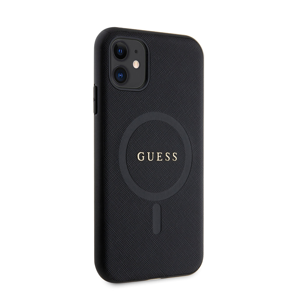 iPhone 11 Kılıf Guess Orijinal Lisanslı M-safe Şarj Özellikli Yazı Logolu Saffiano Classic Kılıf